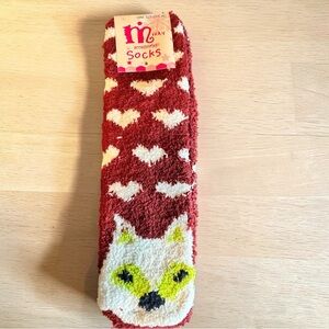 Minky Maroon & White Heart Fuzzy Socks with Fox Face
